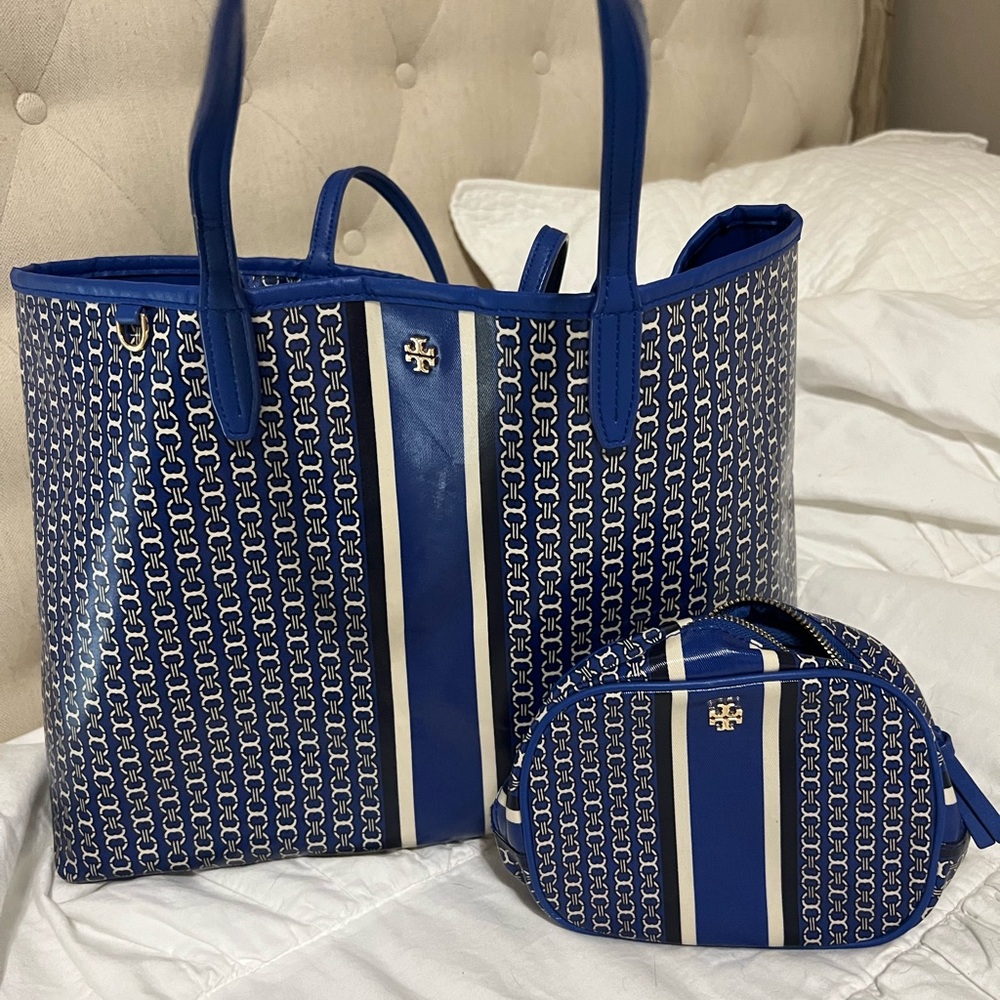 Tory Burch blue and White Tote with Pouch